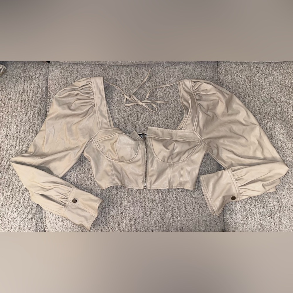 Rehab Cream Puff Sleeve Crop Top Faux Leather